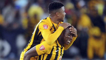 Camaldine Abraw of Kaizer Chiefs  celebrates with George Lebese of Kaizer Chiefs during the Absa Premiership match between Supersport United and Kaizer Chiefs  on 12 September 2015 at Peter Mokaba Stadium Pic Sydney Mahlangu/ BackpagePix