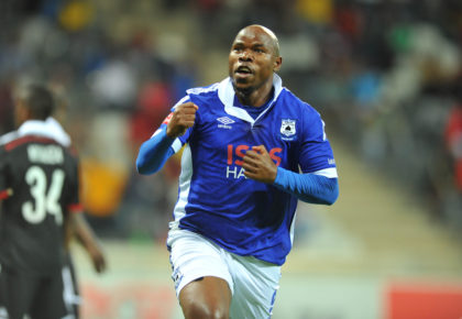 Collins Mbesuma of Black Aces celebrates his goal during the Absa Premiership 2014/15 football match between Black Aces and Orlando Pirates at Mbombela Stadium on the 21 October 2014 ©Samuel Shivambu/BackpagePix
